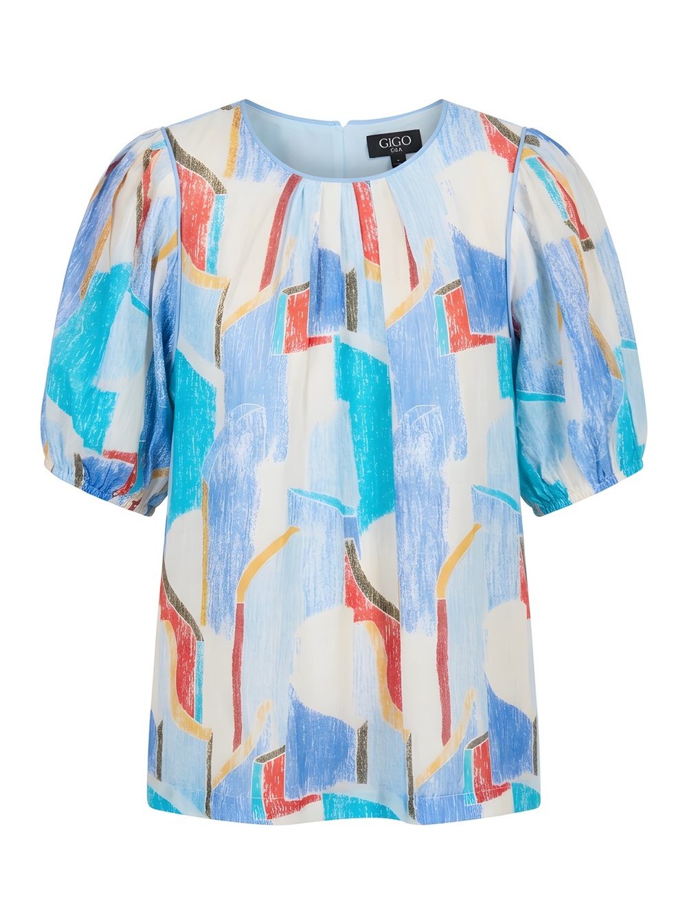 GIGIO- Blue & Multicolor Abstract Puff-Sleeve Blouse, size M